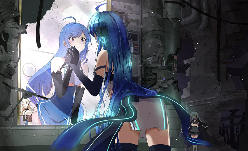 4girls against_mirror azur_lane bare_shoulders black_garter_straps black_gloves black_thighhighs blue_eyes blue_hair brooklyn_(azur_lane) character_request commission dark_persona elbow_gloves garter_straps gloves headgear helena_(azur_lane) helena_(meta)_(azur_lane) leaning_forward long_hair looking_at_another looking_at_mirror mirror multiple_girls red_eyes siblings sisters skeb_commission thighhighs toro_yurei very_long_hair