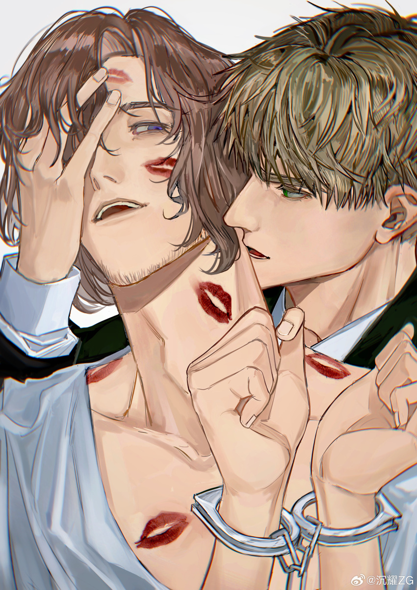 2boys absurdres axis_powers_hetalia blonde_hair cuffs facial_hair france_(hetalia) goatee_stubble green_eyes hand_on_another's_face handcuffs highres lipstick_mark lipstick_mark_on_chest lipstick_mark_on_face lipstick_mark_on_neck looking_at_another male_focus medium_hair multiple_boys open_mouth purple_eyes shirt short_hair simple_background stubble thick_eyebrows united_kingdom_(hetalia) wanlaijuji132 wavy_hair weibo_watermark white_background yaoi