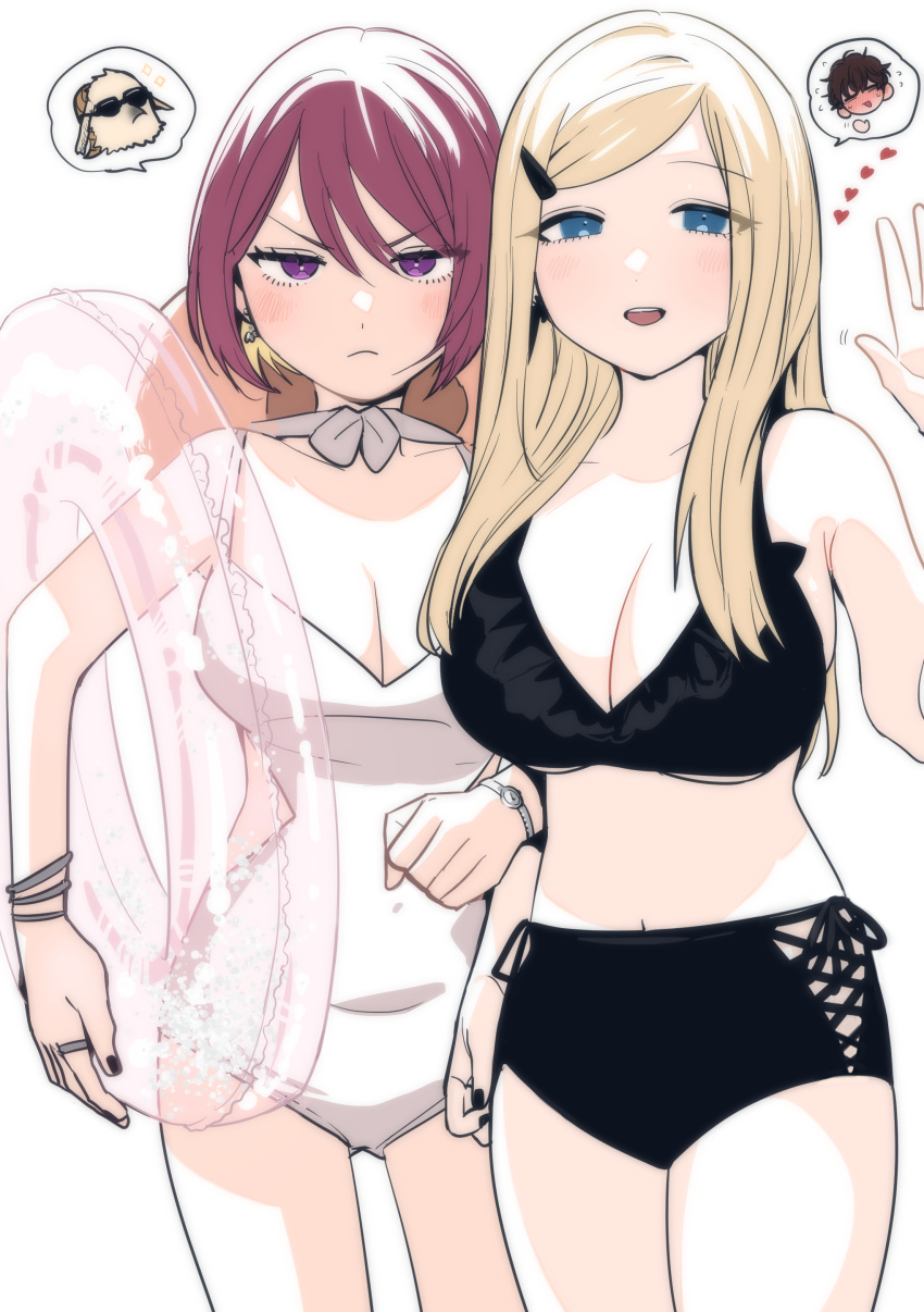 2girls absurdres alice_lendrott bikini black_bikini black_nails blonde_hair blue_eyes bocchan_(shinigami_bocchan_to_kuro_maid) breasts caph cleavage closed_mouth clothing_cutout commentary_request cowboy_shot hair_ornament hairclip highres holding holding_swim_ring inoue_koharu large_breasts looking_at_viewer multiple_girls navel one-piece_swimsuit open_mouth purple_eyes red_hair shinigami_bocchan_to_kuro_maid short_hair side_cutout simple_background smile spoken_character standing swim_ring swimsuit v-shaped_eyebrows watch waving white_background white_one-piece_swimsuit wristwatch zain_(shinigami_bocchan_to_kuro_maid)