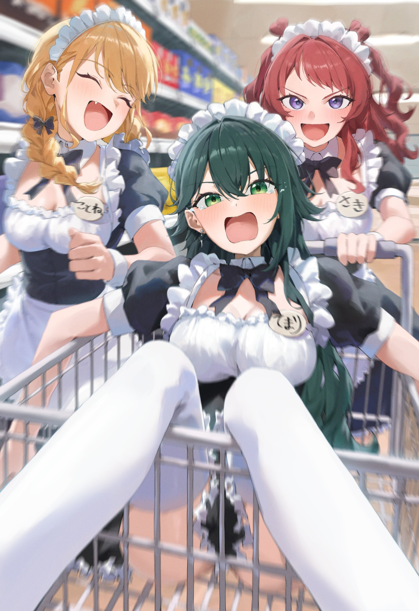 3girls absurdres alternate_costume apron black_dress blonde_hair braid breasts brown_hair cleavage closed_eyes dress enmaided frilled_apron frills fujita_kotone gakuen_idolmaster green_eyes green_hair hanami_saki highres idolmaster in_shopping_cart indoors large_breasts long_hair maid maid_apron maid_headdress multiple_girls oerba_yun_fang open_mouth puffy_short_sleeves puffy_sleeves purple_eyes pushing_cart shopping_cart short_sleeves smile tai_saka thighhighs tsukimura_temari twin_braids two_side_up waist_apron white_apron white_thighhighs wrist_cuffs