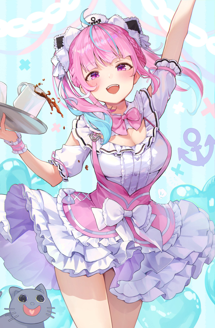 absurdres ahoge anchor_print anchor_symbol arm_up blue_hair blue_streaks blush bow bowtie breasts center_frills cleavage coffee_mug collar cup dress feline female frilled_sailor_collar frilled_wrist_cuffs frilled_wristband frills highres holding holding_tray hololive large_breasts long_hair looking_at_viewer maid_cafe maid_headdress minato_aqua minato_aqua_(8th_costume) mug multicolored_hair neko_(minato_aqua) official_alternate_costume open_mouth pi_tayuko pink_bow pink_bowtie pink_dress pink_eyes pink_hair pink_wrist_cuffs pink_wristband sailor_collar smile solo streaked_hair striped_clothes striped_wrist_cuffs tray twintails two-tone_hair virtual_youtuber white_collar white_headdress wrist_cuffs