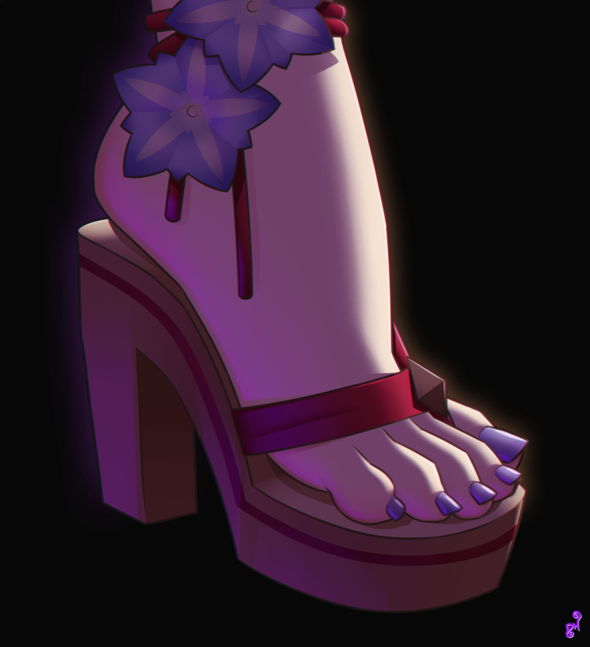 absurdres ankle_flower ankle_ribbon artist_logo black_background brown_footwear commission english_commentary feet feet_only female flower foot_focus genshin_impact high_heels highres leg_ribbon mohoshadream nail_polish out_of_frame platform_footwear purple_flower purple_nails raiden_shogun red_ribbon ribbon simple_background solo toenail_polish toenails toes