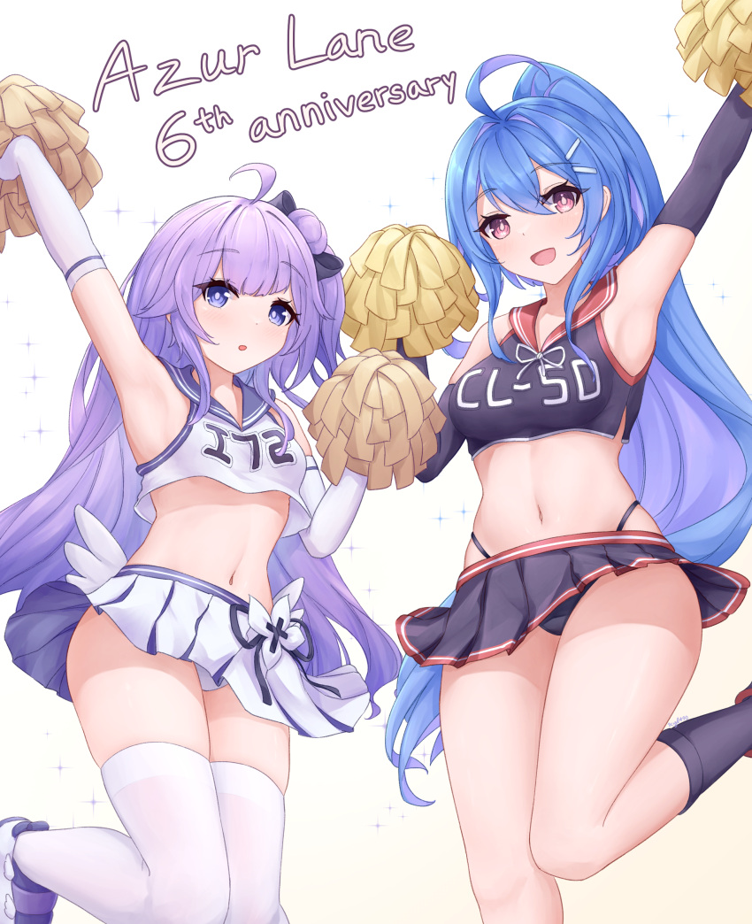 2girls :d :o absurdres alternate_costume alternate_hairstyle arm_up armpits azur_lane bare_legs bare_shoulders black_gloves black_panties black_serafuku black_skirt blue_eyes blue_hair blush breasts cheering cheerleader crop_top elbow_gloves gloves hair_ornament hairclip hand_up happy helena_(azur_lane) highleg highleg_panties highres hip_focus holding holding_pom_poms kyl490 long_hair medium_breasts microskirt midriff miniskirt multiple_girls navel outstretched_arm panties pink_eyes pleated_skirt pom_pom_(cheerleading) ponytail purple_eyes sailor_collar school_uniform serafuku shirt skirt sleeveless sleeveless_shirt small_breasts smile stomach thighhighs underwear unicorn_(azur_lane) upskirt very_long_hair white_gloves white_panties white_serafuku white_skirt