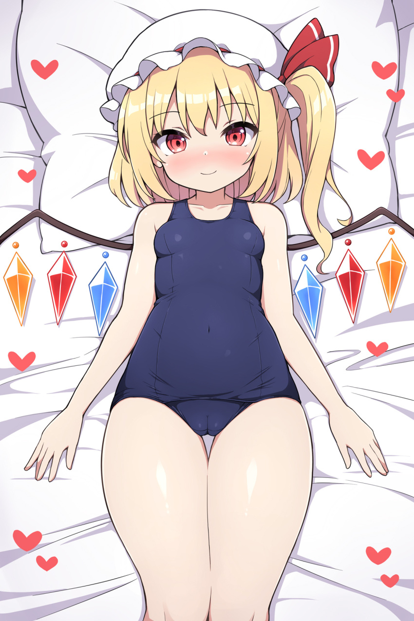 bare_arms blonde_hair blue_one-piece_swimsuit cameltoe closed_mouth commentary_request covered_navel crystal female flandre_scarlet hat head_on_pillow highres looking_at_viewer lying medium_hair mob_cap on_back one-piece_swimsuit pillow red_eyes rizento school_swimsuit side_ponytail solo swimsuit thigh_gap thighs touhou