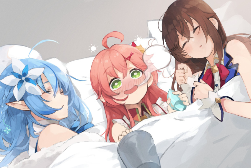 3girls ahoge bare_shoulders blanket blue_hair blush brown_hair commentary flower frills green_eyes hair_flower hair_ornament hairclip highres hololive kase_(kurimuzone_oruta) long_hair multiple_girls pillow pink_hair pointy_ears sakura_miko sakura_miko_(1st_costume) sleeping tokino_sora tokino_sora_(1st_costume) virtual_youtuber x_hair_ornament yukihana_lamy yukihana_lamy_(1st_costume)