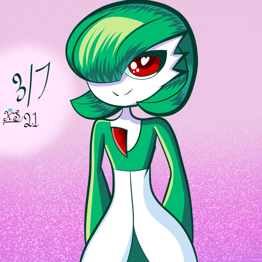 1:1 2021 female gardevoir generation_3_pokemon green_hair hair hair_over_eye hands_behind_back heart_eyes heart_symbol hi_res humanoid kuperseeper looking_at_viewer nintendo not_furry one_eye_obstructed pink_background pokemon pokemon_(species) red_eyes simple_background smile smiling_at_viewer solo