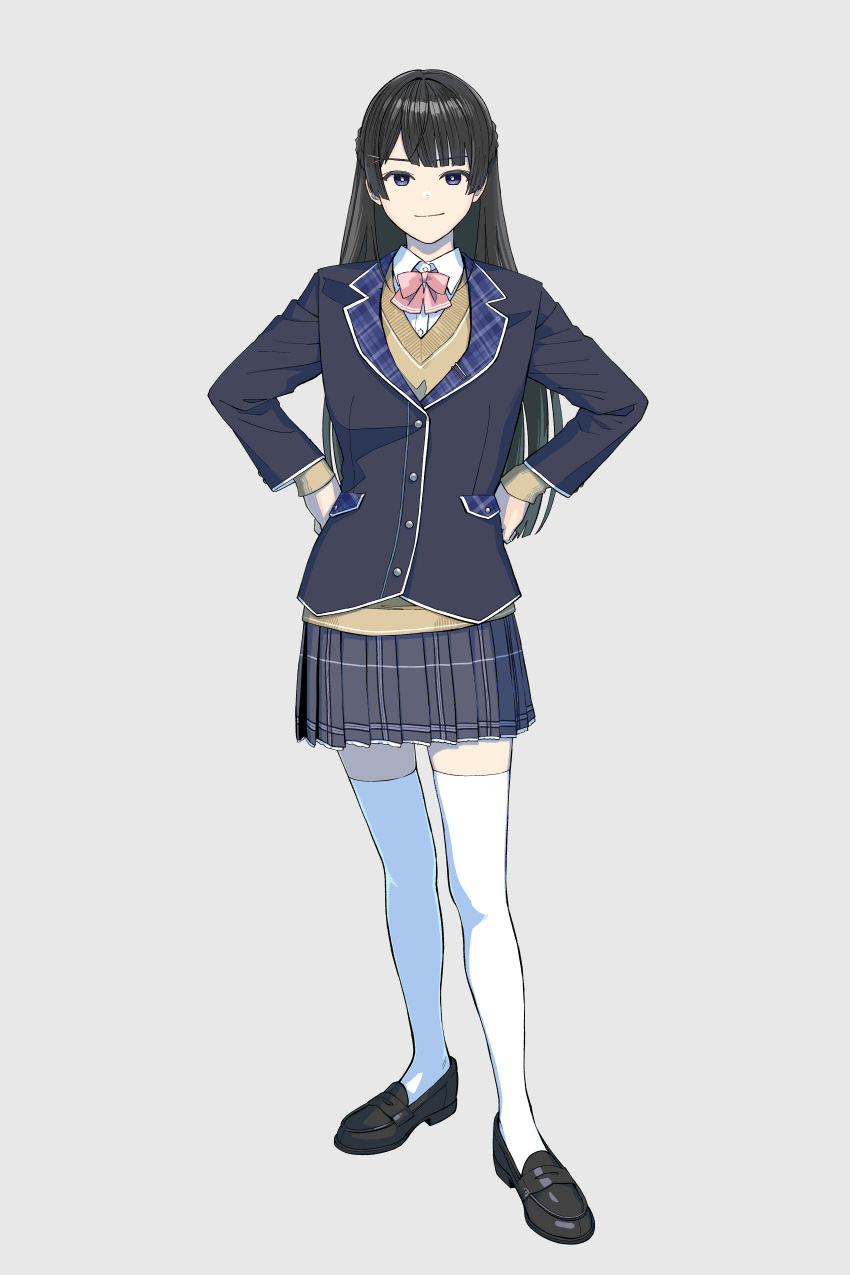 absurdres black_hair blazer bow closed_mouth female full_body hair_ornament hairclip hands_on_own_hips highres jacket long_hair long_sleeves looking_at_viewer nijisanji school_uniform solo standing tanaka_hirotaka thighhighs tsukino_mito tsukino_mito_(1st_costume) virtual_youtuber white_thighhighs