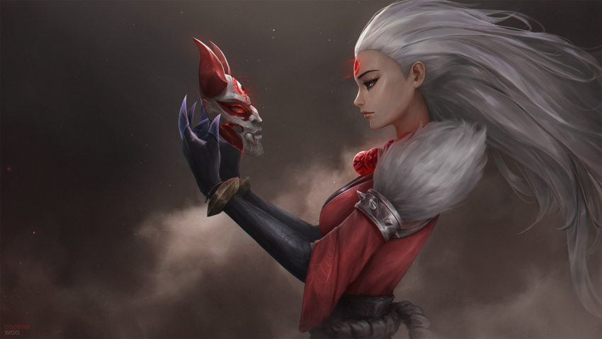 armlet artist_name artstation_username bead_necklace beads blood_moon_(league_of_legends) blood_moon_diana breasts cheesewoo claws diana_(league_of_legends) female floating_hair from_side fur-trimmed_sleeves fur_trim gauntlets highres holding holding_mask horned_mask japanese_clothes jewelry league_of_legends lips long_hair mask necklace profile red_eyes rope_belt solo spiked_armlet unworn_mask white_hair wrist_guards