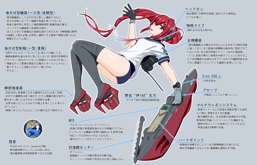 absurdres black_gloves black_thighhighs blue_sailor_collar boots commentary_request female gloves grey_gloves hair_ribbon highres i-168_(kancolle) japan_maritime_self-defense_force japan_self-defense_force kantai_collection long_hair machinery military ponytail red_hair ribbon rigging sailor_collar samusara school_swimsuit school_uniform serafuku short_sleeves sidelocks solo swimsuit thigh_boots thighhighs tongue tongue_out translation_request watch white_ribbon wristwatch