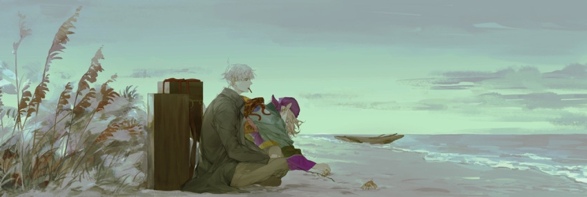 2boys animal bandana beach black_eyes blonde_hair boat cloud crab ginko holding kusuriuri_(mononoke) long_hair male_focus mononoke multiple_boys mushishi ocean pointy_ears purple_bandana purple_headwear sand sitting sky starstruckdon twig watercraft white_hair