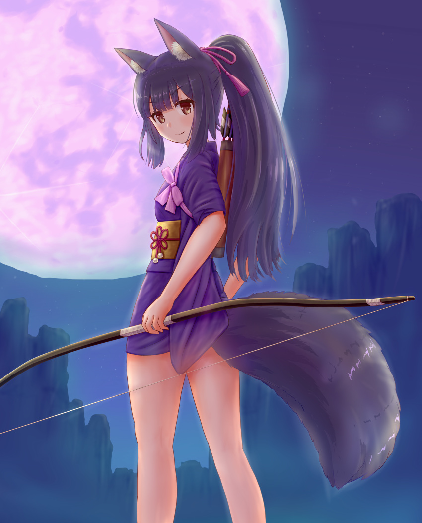 absurdres animal_ears bow_(weapon) cliff female fox_ears fox_girl fox_tail full_moon highres iroha_(iroha_matsurika) japanese_clothes kimono kunoichi-chan_(iroha_(iroha_matsurika)) long_hair looking_at_viewer moon night ninja original ponytail quiver short_kimono sleeves_rolled_up smile tail weapon