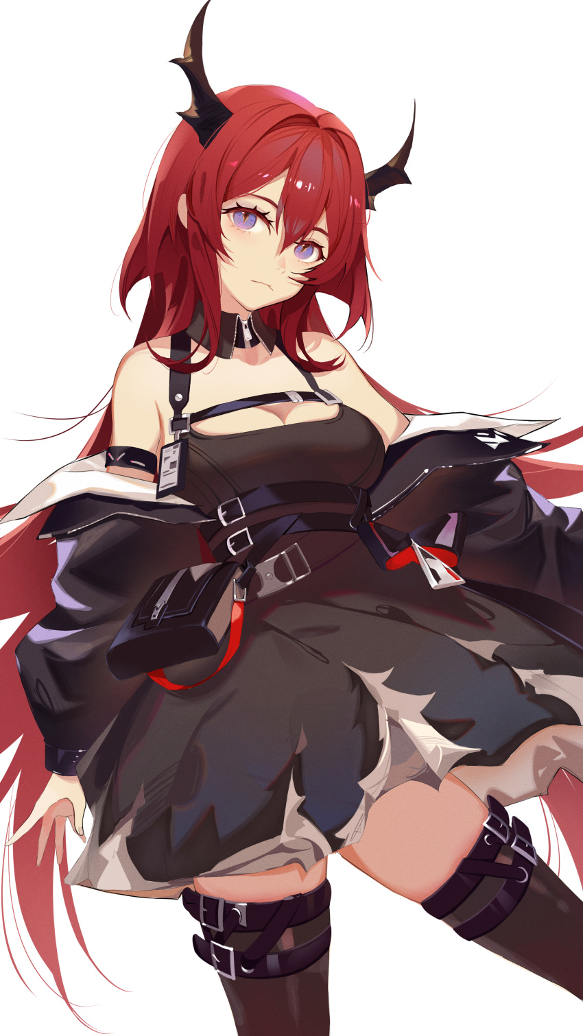 absurdres arknights bare_shoulders belt black_belt black_dress black_thighhighs breasts chest_strap cleavage demon_girl demon_horns dress female hair_between_eyes highres horns jacket long_hair long_sleeves looking_at_viewer medium_breasts off_shoulder pat_bharasarn pouch purple_eyes red_hair simple_background slit_pupils solo surtr_(arknights) thigh_strap thighhighs very_long_hair white_background zettai_ryouiki