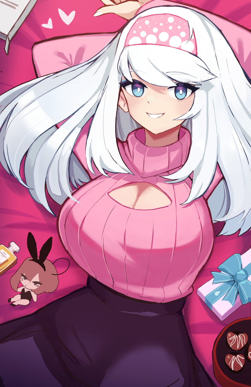 absurdres arms_behind_head arms_up blue_eyes blue_eyeshadow blush breasts bria_(psidubs) cleavage cleavage_cutout clothing_cutout commentary eyeshadow female grin highres large_breasts long_hair long_sleeves looking_at_viewer lying makeup on_back original parted_lips pink_sweater psidubs ribbed_sweater smile solo sweater white_hair white_nails