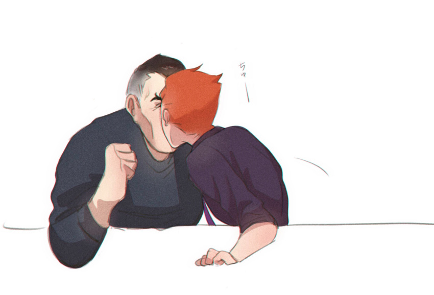 1boy bad_id bad_pixiv_id clenched_hand female grey_hair highres kissing kitty_keihara moira_(overwatch) orange_hair overwatch overwatch_1 purple_shirt shirt short_hair sigma_(overwatch) straight surprise_kiss surprised