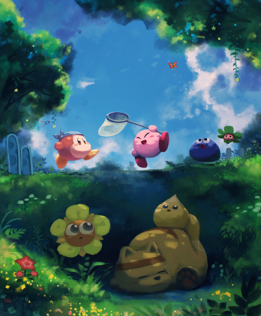 bandana bandana_waddle_dee blue_bandana blue_sky blush_stickers bug butterfly butterfly_net cerulean_(kirby) chip_(kirby) flower gooey_(kirby) grizzo hand_net highres kirby kirby_(series) leafan looking_up lovely_(kirby) no_humans outdoors running shade sky smile suyasuyabi tree