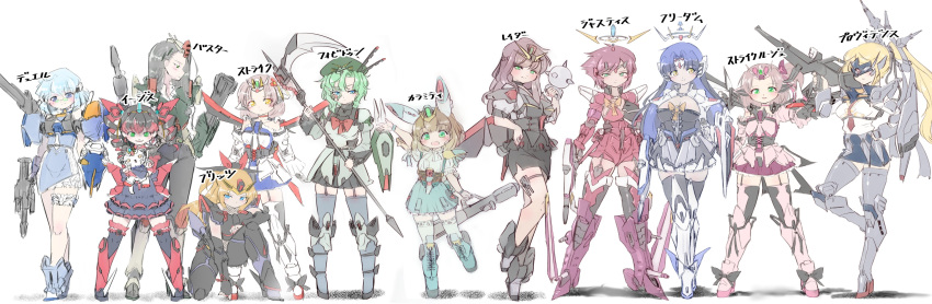 6+girls absurdres aegis_gundam aile_strike_gundam animal animalization aqua_skirt bangs_pinned_back beam_rifle black_hair black_skirt blitz_gundam blonde_hair blue_eyes blue_hair blunt_bangs breasts brown_hair buster_gundam calamity_gundam character_name cleavage crossed_legs dated drill_hair duel_gundam energy_gun feline forbidden_gundam freedom_gundam glasses green_eyes gun gundam gundam_seed halo hand_on_own_hip highres holding holding_animal holding_cat holding_gun holding_scythe holding_shield holding_weapon humanization justice_gundam large_breasts long_hair looking_at_viewer looking_down mace mask mecha_musume multicolored_hair multiple_girls pink_hair providence_gundam raider_gundam red_hair science_fiction scythe shield short_hair skindentation skirt smile standing standing_on_one_leg strike_gundam strike_rouge thighhighs twin_drills v-fin weapon yazawa_owl yellow_eyes zettai_ryouiki