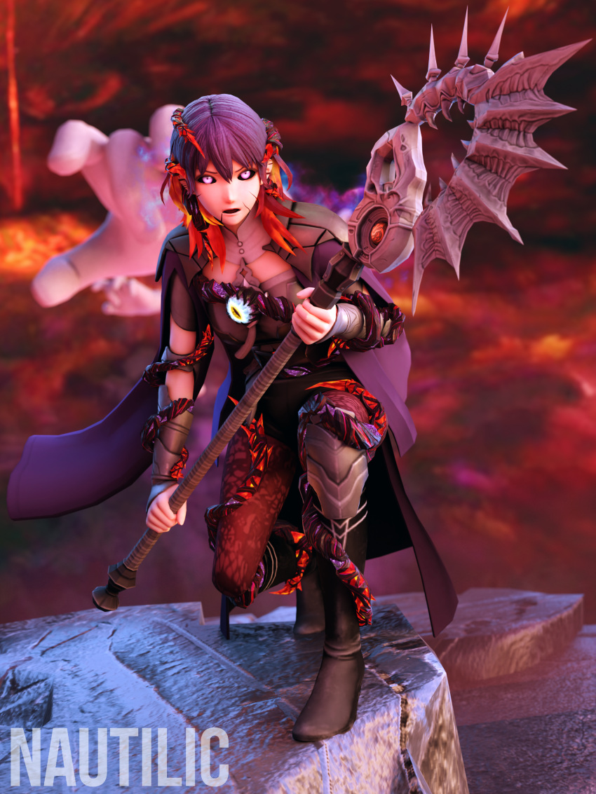 3d absurdres alternate_color alternate_eye_color alternate_hair_color angry artist_name aura axe aymr_(fire_emblem) black_sclera blue_eyes body_markings boots byleth_(female)_(fire_emblem) byleth_(fire_emblem) cape colored_sclera corruption crazy_hand dark_aura dark_persona dharkon female fire fire_emblem fire_emblem:_three_houses frown glowing glowing_eyes highres holding holding_sword holding_weapon looking_at_viewer multicolored_hair nautilic parasite pink_eyes possessed purple_eyes purple_fire purple_hair red_clouds red_hair slit_pupils standing super_smash_bros. sword tentacle transformation weapon