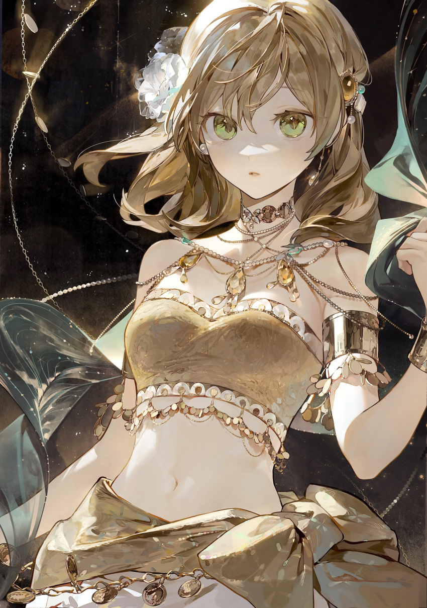 arm_at_side armlet bandeau bare_shoulders black_background blonde_hair bracer brown_background crop_top daiba_nana earrings female floating_hair flower gem gradient_background green_eyes hair_between_eyes hair_down hair_flower hair_ornament hand_up harem_outfit highres holding holding_shawl jewelry light_particles looking_at_viewer medium_hair midriff navel necklace official_alternate_costume official_alternate_hairstyle parted_lips pearl_necklace pendant see-through see-through_shawl shawl shoujo_kageki_revue_starlight solo standing stomach strapless suzumi_(ccroquette) tube_top upper_body white_flower yellow_gemstone