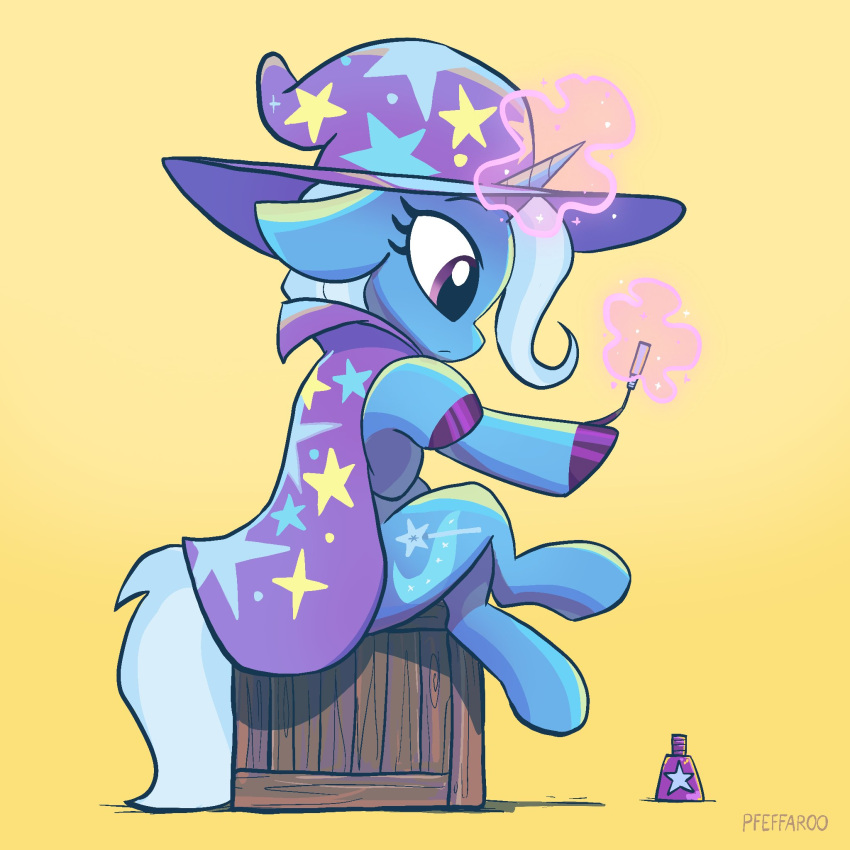 1:1 cape clothing crate equid equine friendship_is_magic glowing hasbro hat headgear headwear hi_res hoof_polish hooves horn levitation magic mammal my_little_pony pfeffaroo sitting trixie_(mlp) unicorn wizard_hat