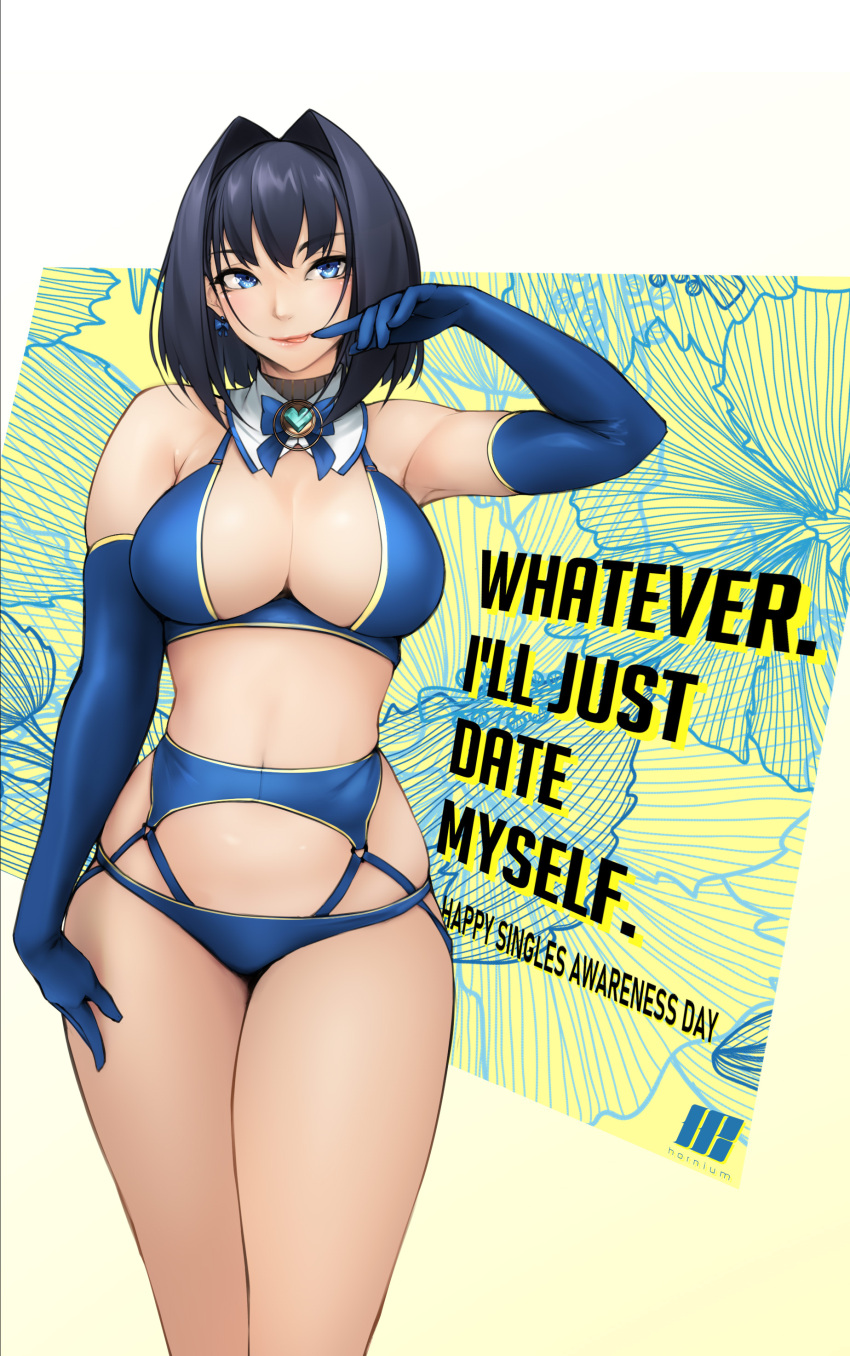 absurdres bad_id bad_pixiv_id bare_shoulders black_hair blue_bow blue_bowtie blue_bra blue_eyes blue_gloves blue_panties bow bow_earrings bowtie bra breasts cleavage commentary detached_collar earrings elbow_gloves english_commentary english_text female gloves hair_intakes hand_up highres ho2nium hololive hololive_english jewelry large_breasts looking_at_viewer medium_hair ouro_kronii panties solo standing tongue tongue_out underwear virtual_youtuber