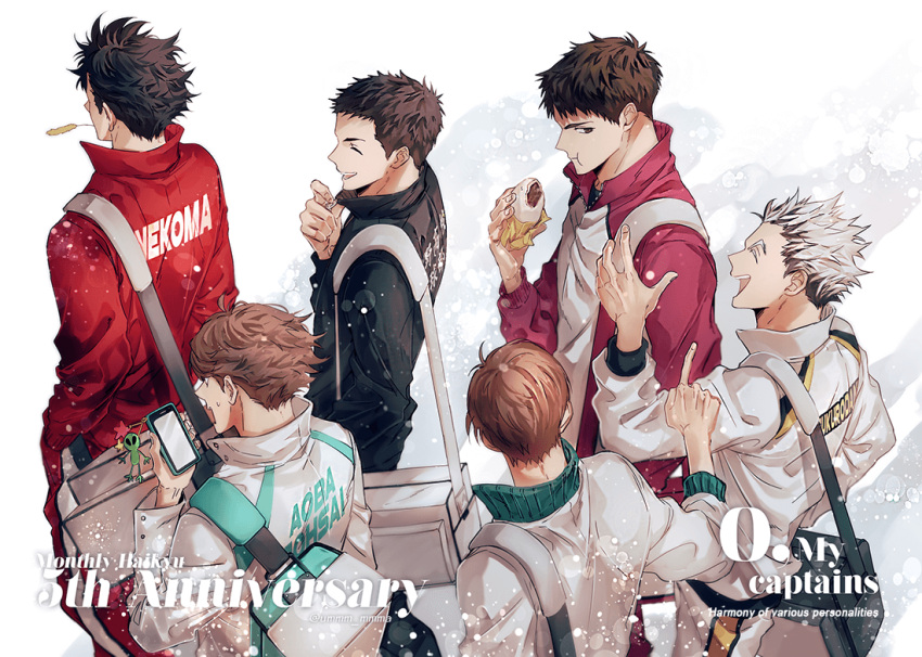 6+boys bag black_hair bokuto_koutarou brown_hair cellphone closed_eyes eating food from_above futakuchi_kenji grey_hair haikyuu!! holding holding_food holding_phone jacket korean_commentary kuroo_tetsurou long_sleeves looking_at_another male_focus mouth_hold multicolored_hair multiple_boys oikawa_tooru_(haikyuu!!) phone sawamura_daichi school_bag short_hair smile sportswear sweatdrop track_jacket twitter_username two-tone_hair ummm_mmma ushijima_wakatoshi walking