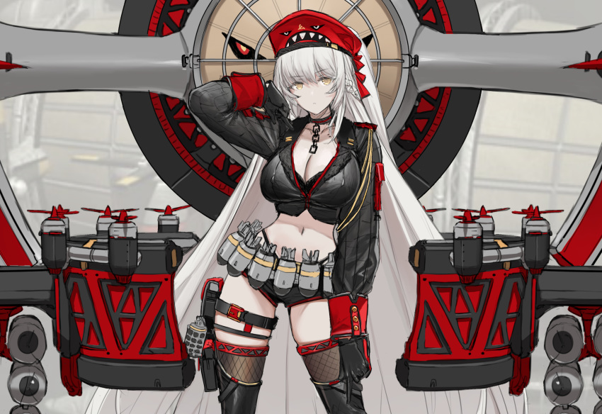 arm_up azur_lane belt_pouch black_bra black_gloves black_jacket black_shorts bomb boots bra bra_peek breasts brown_thighhighs chains choker cleavage collarbone command_&_conquer commentary_request cowboy_shot crop_top cropped cropped_jacket dishwasher1910 explosive expressionless female gloves highleg highres jacket kirov_(dishwasher1910) kirov_airship large_breasts leg_belt long_hair long_sleeves looking_at_viewer machinery micro_shorts midriff natasha_volkova navel original pouch red_headwear shorts solo standing stomach thigh_boots thighhighs thighs underwear very_long_hair white_hair wing_collar yellow_eyes