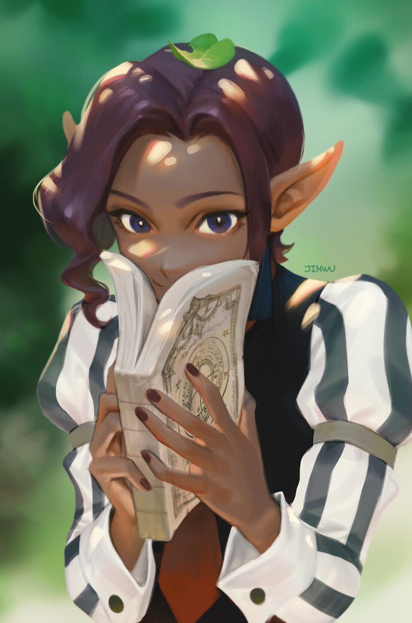 1boy black_nails book butler commentary covering_face cube_(princess_maker) dappled_sunlight dark-skinned_female dark-skinned_male dark_elf dark_skin day elf english_commentary forehead highres holding holding_book jinwu_(jinwudraw) leaf leaf_on_head making-of_available male_focus necktie pointy_ears princess_maker_(series) princess_maker_2 purple_hair red_necktie solo sunlight vest