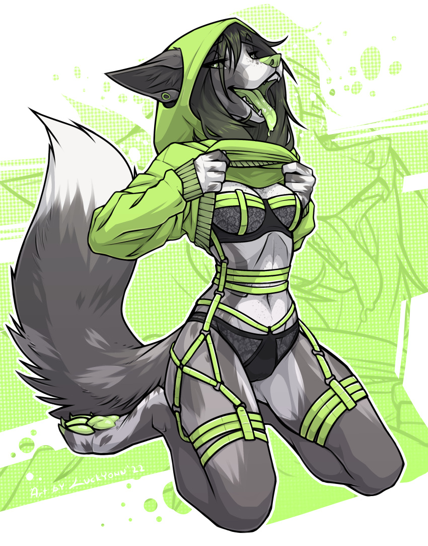 abstract_background absurd_res anthro black_eyes bodily_fluids canid canine canis clothed clothing dog_paws domestic_dog ear_piercing ebony_(luckyonn) female flesh_tunnel fur gauged_ear green_background green_eyes green_nose green_pawpads green_pupils green_tongue grey_body grey_ears grey_fur hair hi_res lingerie looking_at_viewer luckyonn mammal markings open_mouth pawpads piercing pupils raised_clothing saliva saliva_on_tongue simple_background solo spots spotted_body spotted_fur teeth tongue white_background