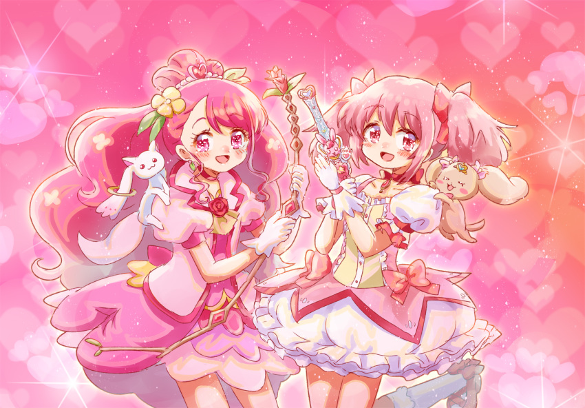 2girls :3 :d bow bow_(weapon) bow_choker bubble_skirt choker color_connection crossover cure_grace earrings flower gloves hair_bun hair_color_connection hair_flower hair_ornament hair_ribbon hanadera_nodoka healin'_good_precure healing_animal healing_wand heart heart_hair_ornament jewelry kaname_madoka kaname_madoka_(magical_girl) kneehighs kyuubee latte_(precure) long_hair looking_at_viewer magical_girl mahou_shoujo_madoka_magica mahou_shoujo_madoka_magica_(anime) multiple_girls open_mouth pink_choker pink_eyes pink_hair power_connection precure puffy_sleeves rabirin_(precure) red_choker ribbon short_twintails single_hair_bun skirt smile socks sushineta trait_connection twintails voice_actor_connection weapon weapon_switch white_gloves white_legwear yuuki_aoi