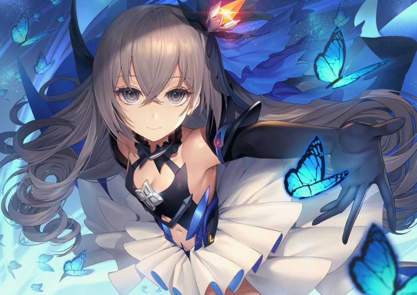 absurdres black_gloves blue_butterfly breasts bronya_zaychik bronya_zaychik_(herrscher_of_reason) bug butterfly center_opening cleavage commentary_request crossed_bangs dress drill_hair elbow_gloves female from_above gloves grey_eyes grey_hair highres honkai_(series) honkai_impact_3rd layered_dress long_hair looking_at_viewer mamima navel photoshop_(medium) small_breasts smile solo very_long_hair