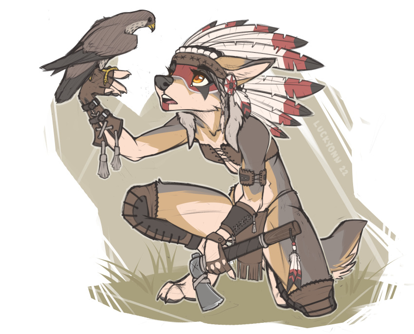 absurd_res accipitrid accipitriform anthro avian axe bird bodypaint bottomwear canid canine canis clothing face_paint facial_paint falconry falconry_glove female feral hat_feather headgear headwear hi_res loincloth loose_feather luckyonn mammal native_american solo tomahawk tribal wolf