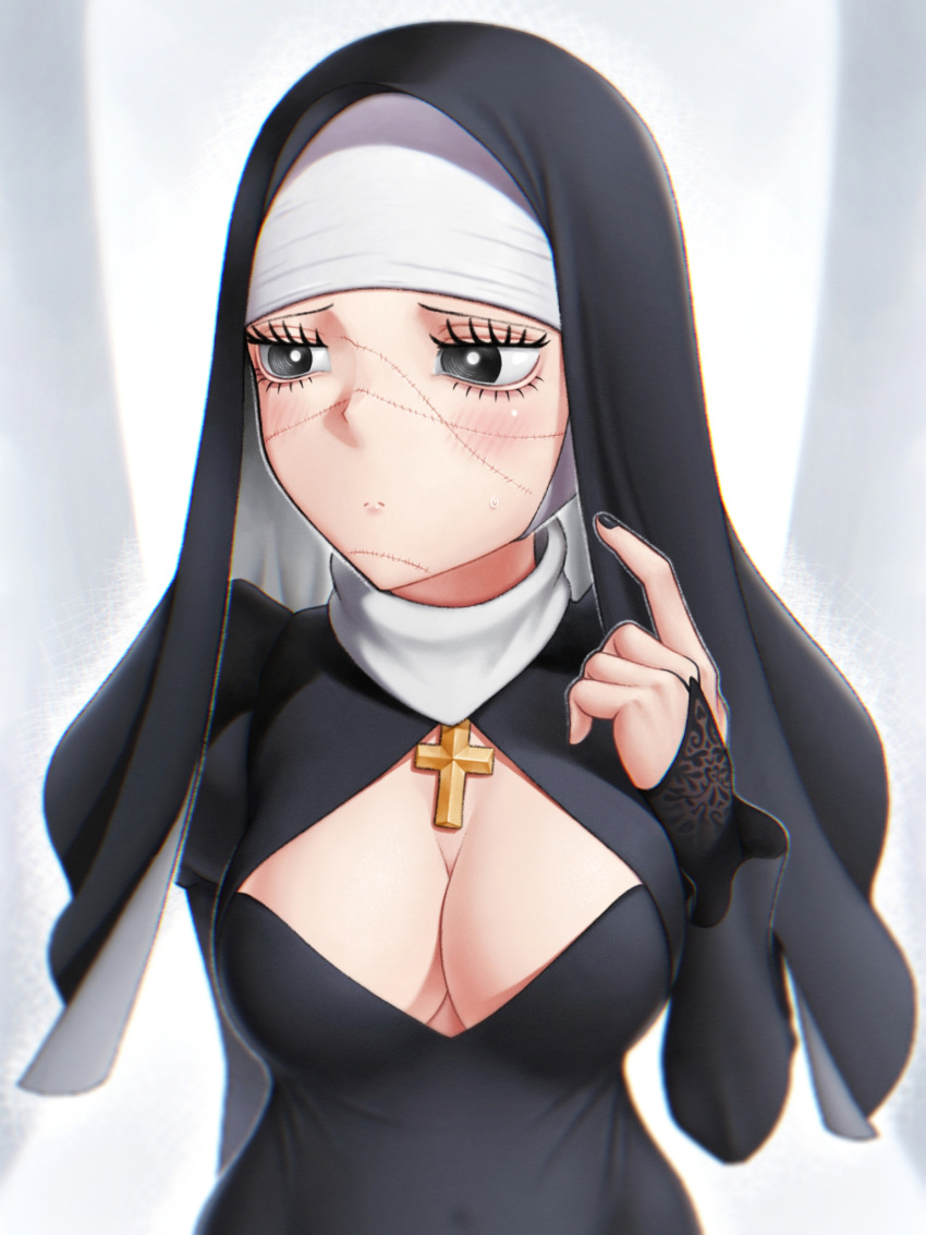 black_eyes blurry blurry_background breasts cleavage cross daleth_(shinigami_bocchan_to_kuro_maid) eyelashes female habit highres indoors large_breasts mixed-language_commentary nun shinigami_bocchan_to_kuro_maid skylock solo standing stitches sweatdrop upper_body