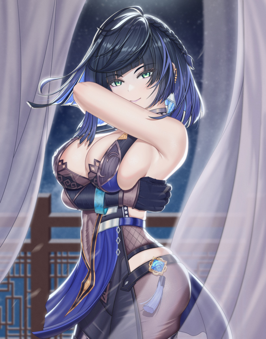 arm_under_breasts bare_shoulders black_gloves black_hair blue_hair blunt_bangs breasts cleavage cowboy_shot curtains female genshin_impact gloves green_eyes highres large_breasts looking_at_viewer multicolored_hair night night_sky railing revision sideboob single_glove sky sleeveless solo standing suzhi2333 yelan_(genshin_impact)