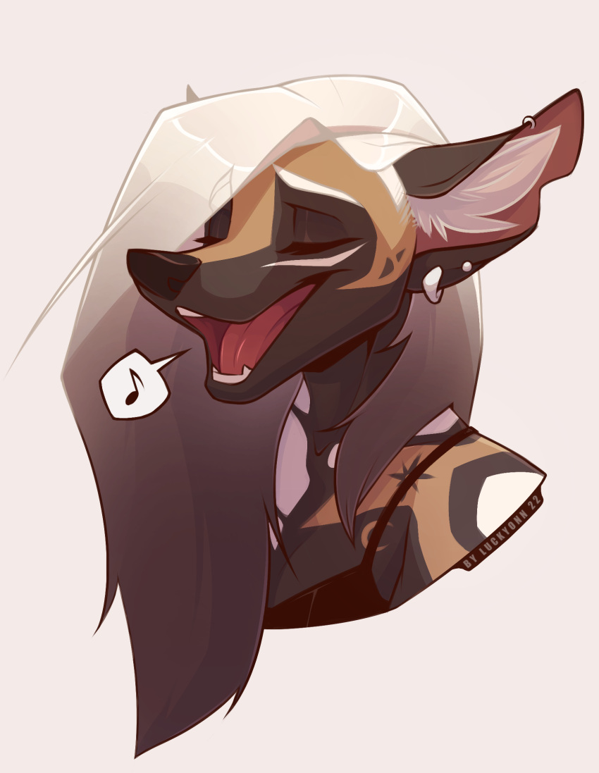 african_wild_dog anthro canid canine ear_piercing female hair hi_res inner_ear_fluff luckyonn mammal markings moon_(marking) musical_note piercing singing sola_(luckyonn) solo star_(marking) teeth tuft white_hair