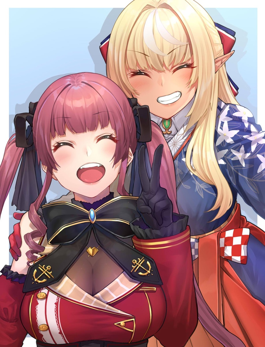 2girls ^_^ black_bow black_gloves blonde_hair blunt_bangs bow breasts cleavage closed_eyes commentary elf fangs gloves hand_on_another's_shoulder highres hololive houshou_marine houshou_marine_(gothic_lolita) japanese_clothes kimono large_bow large_breasts long_hair long_pointy_ears mikan_(chipstar182) multiple_girls official_alternate_costume open_mouth pointy_ears red_gloves red_hair shiranui_flare shiranui_flare_(new_year) smile teeth twintails v v-shaped_eyebrows virtual_youtuber