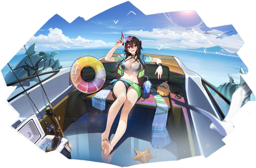 animal artist_request azur_lane barefoot bikini bird blue_sky breasts brown_hair cleavage cloud cloudy_sky cup day disposable_cup drinking_straw feet female fingernails fishing_rod gradient_hair highres horns innertube long_hair looking_at_viewer magdeburg_(azur_lane) magdeburg_(gone_fishing)_(azur_lane) manjuu_(azur_lane) multicolored_hair nail_polish navel official_art open_mouth outdoors red_hair seagull see-through single_horn sitting sky smile soles stomach sunglasses swim_ring swimsuit toes transparent_background two-tone_hair unworn_eyewear wristband