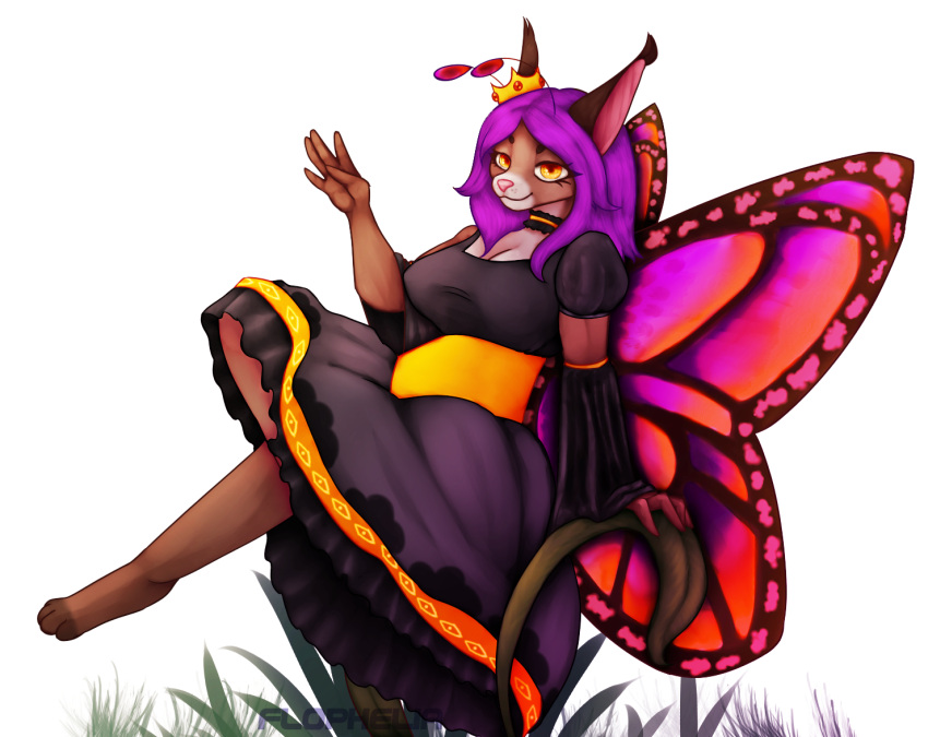 alpha_channel antennae_(anatomy) arthropod big_breasts breasts butterfly caracal caracal_(genus) cleavage clothed clothing dress felid feline female flophelia hair hybrid insect_wings insects lepidopteran lepidopteran_wings long_hair mammal pinup pose princess royalty wings