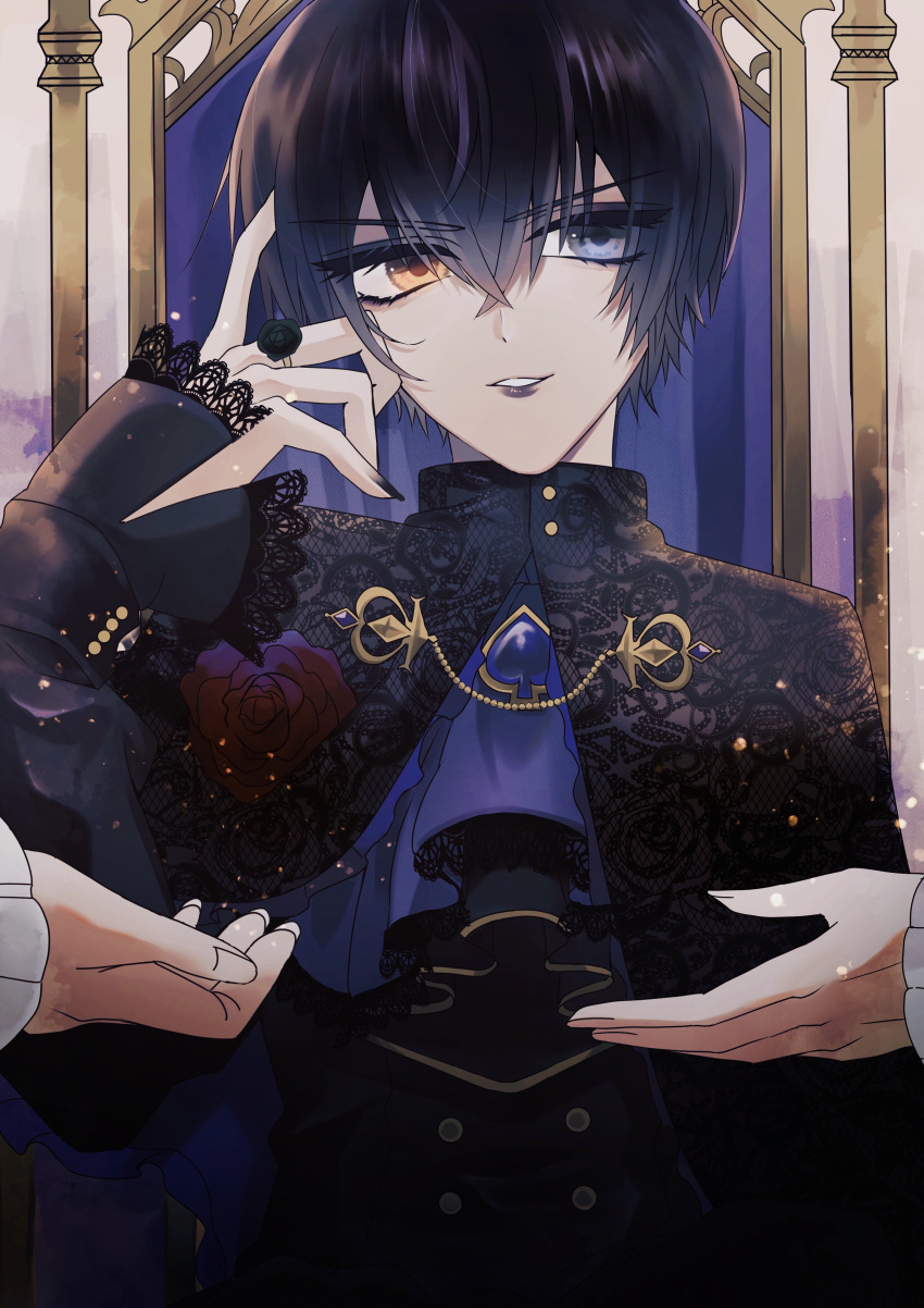 1boy absurdres black_hair blue_eyes commentary english_commentary eva_armstrong goth_fashion hair_between_eyes highres i-chu kaiko_(nmuy2247) lace lace-trimmed_sleeves lace_trim looking_at_viewer male_focus solo_focus yellow_eyes