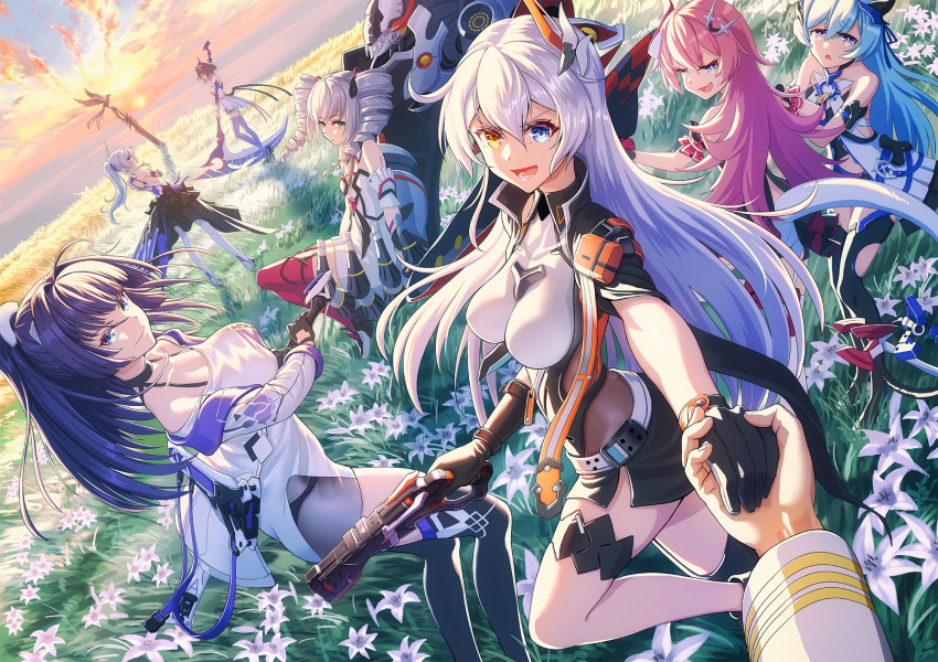 1boy 6+girls asymmetrical_horns bare_shoulders bird black_dress black_gloves black_legwear blue_eyes blue_hair breasts bronya_zaychik bronya_zaychik_(drive_kometa) bronya_zaychik_(yamabuki_armor) captain_(honkai_impact) cleavage commentary_request dress drill_hair flower gloves gotointhepark grass gun heterochromia highres holding holding_gun holding_hands holding_scythe holding_sword holding_weapon honkai_(series) honkai_impact_3rd horizon horns katana kiana_kaslana kiana_kaslana_(void_drifter) liliya_olenyeva long_hair looking_at_viewer multiple_girls open_mouth outdoors photoshop_(medium) pink_hair ponytail pov project_bunny purple_hair raiden_mei raiden_mei_(striker_fulminata) rozaliya_olenyeva scythe seele_vollerei seele_vollerei_(swallowtail_phantasm) siblings smile sunset sword tail theresa_apocalypse theresa_apocalypse_(twilight_paladin) thighhighs twin_drills twins uneven_horns very_long_hair weapon white_flower white_hair yellow_eyes