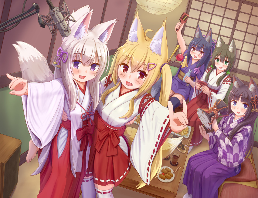 5girls :d absurdres animal_ear_fluff animal_ears barefoot bell black_hair blonde_hair blue_eyes blush borrowed_character breasts brown_eyes clover_hair_ornament commentary_request four-leaf_clover_hair_ornament fox_ears fox_girl fox_shadow_puppet fox_tail green_eyes hair_between_eyes hair_ornament hair_ribbon hairclip hakama hakama_short_skirt hakama_skirt highres holding holding_instrument indoors instrument iroha_(iroha_matsurika) japanese_clothes jingle_bell kimono koyoi_(iroha_(iroha_matsurika)) kunoichi-chan_(iroha_(iroha_matsurika)) long_sleeves low_twintails microphone miko multiple_girls mutsuki_(iroha_(iroha_matsurika)) nose_blush obi oerba_yun_fang open_mouth original otsuzumi ponytail purple_eyes purple_hakama purple_kimono red_eyes red_hakama red_ribbon ribbon ribbon-trimmed_legwear ribbon-trimmed_sleeves ribbon_trim sash sidelocks sitting skirt small_breasts smile standing standing_on_one_leg table tail thighhighs twintails white_hair white_kimono white_legwear wide_sleeves yagasuri