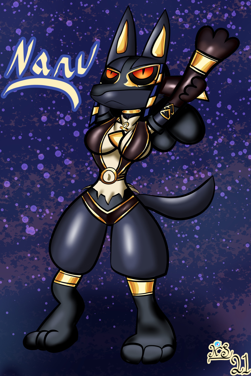 2021 absurd_res ankh anthro anubian big_breasts black_body black_fur black_sclera breasts character_name cleavage clothed clothing egyptian egyptian_clothing female frown fur generation_4_pokemon hi_res kuperseeper lucario nintendo orange_eyes paws pokemon pokemon_(species) pupils purple_background signature simple_background slit_pupils solo stretching_arms