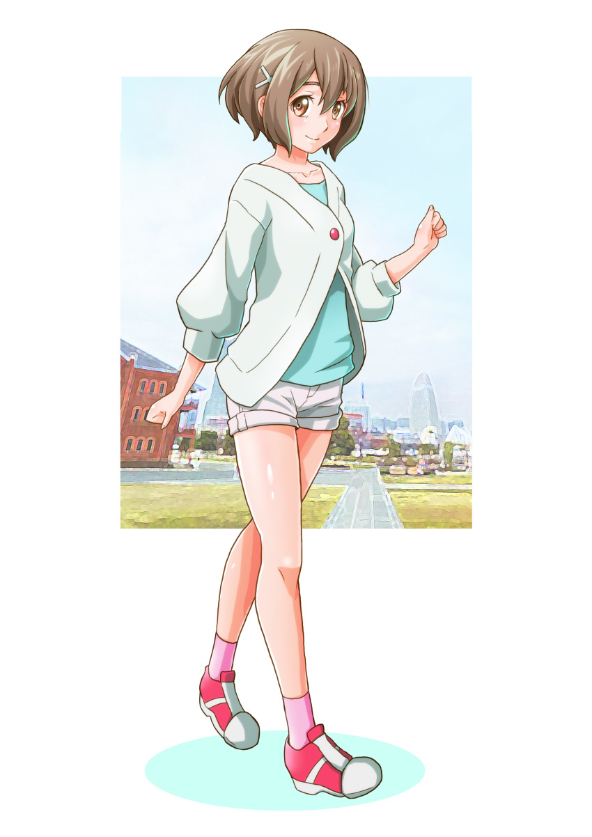 absurdres blue_shirt breasts brown_eyes brown_hair clenched_hands collarbone female gundam gundam_build_divers gundam_build_divers_re:rise hair_behind_ear hair_ornament hairclip highres ibuki_sakura_(sgw_v07) mukai_hinata photo_background shirt shoes short_hair short_shorts shorts small_breasts smile sneakers solo sweater walking white_shorts white_sweater