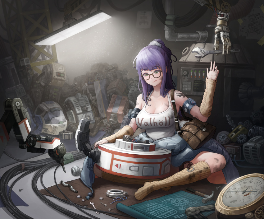 :p absurdres arm_warmers bag breasts cleavage dirty dirty_clothes female full_body glasses grease_(mechanical) green_eyes gremlin_(last_origin) highres kneehighs last_origin long_hair md5_mismatch mechanic medium_breasts ponytail poper_(arin_sel) purple_hair sitting socks solo tank_top tongue tongue_out wrench