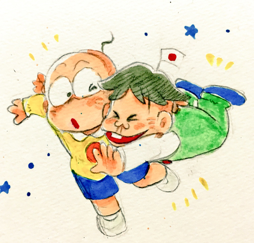 2boys ankie bald black_hair blush buck_teeth chibita closed_eyes commentary_request flag glomp hatabou head_flag highres hug lolicon marker_(medium) mini_flag multiple_boys osomatsu-kun osomatsu_(series) overalls shorts smile star_(symbol) teeth traditional_media