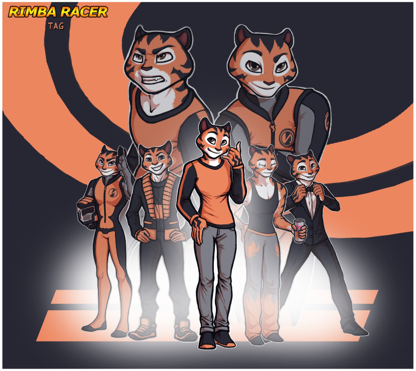 anthro beverage felid glue_studios group hi_res looking_at_viewer luraiokun male mammal multiple_poses pantherine pose rimba_racer smile tag_(rimba_racer) tiger