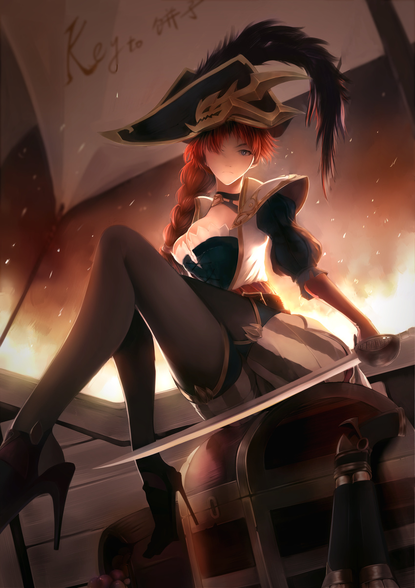 absurdres braid breasts captain_fortune cleavage commentary_request crossed_legs fakerx female hair_over_one_eye hat high_heels highres large_breasts league_of_legends long_hair long_legs miss_fortune_(league_of_legends) pantyhose pirate_hat red_hair saber_(weapon) single_braid solo sword treasure_chest weapon