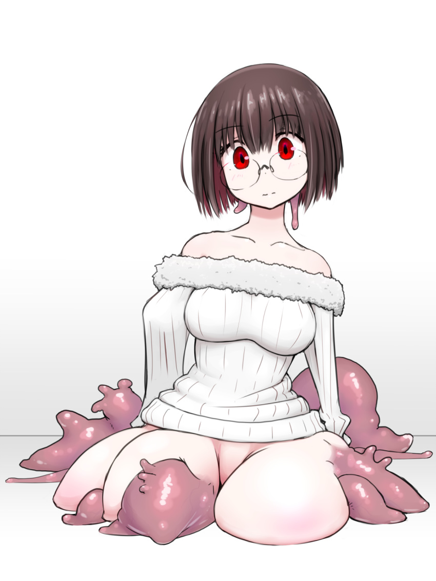 amputee bare_shoulders blush breasts brown_hair closed_mouth collarbone commentary_request female fur_trim glasses gradient_background grey_background hana_(yuta) head_tilt highres long_sleeves looking_at_viewer monster monster_girl naked_sweater original quadruple_amputee red_eyes ribbed_sweater round_eyewear shokushi_yuu short_hair solo sweater tentacle