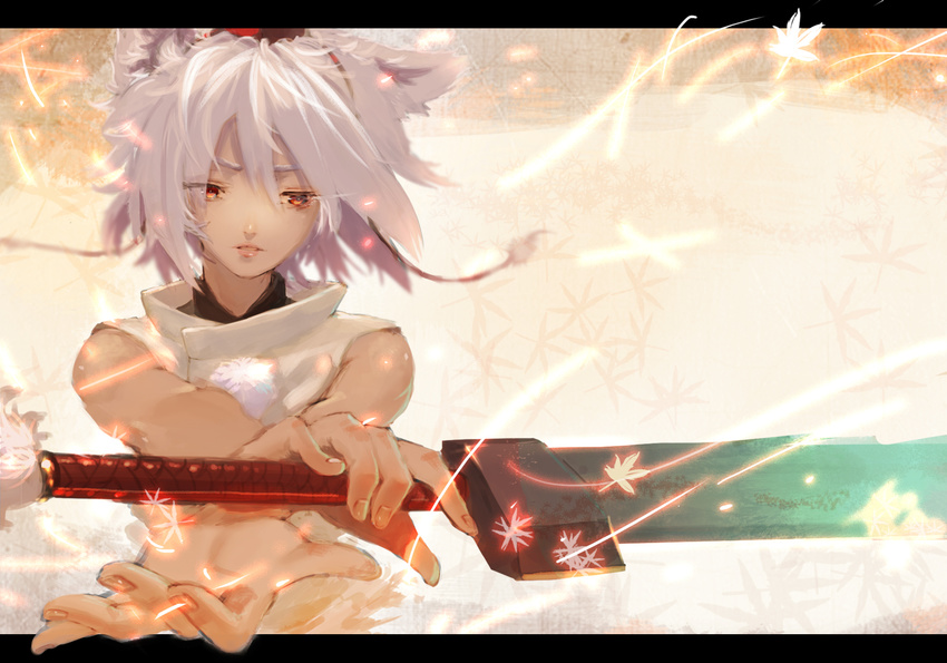 albino animal_ears commentary_request female gorimaro hat highres inubashiri_momiji leaf letterboxed lips looking_to_the_side maple_leaf outstretched_arms parted_lips photoshop_(medium) red_eyes shirt short_hair sleeveless solo string sword tokin_hat touhou upper_body weapon white_hair wolf_ears