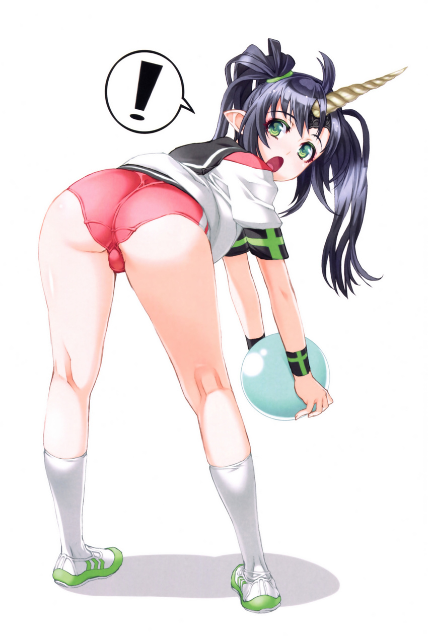 ! :o absurdres ahoge ass back ball beelzebub_(the_seven_deadly_sins) bent_over black_hair black_sailor_collar buruma demon_girl eyelashes female fingernails from_behind full_body gimp_(medium) green_eyes gym_uniform hair_ornament hair_tie highres holding holding_ball horns kneehighs kneepits legs legs_apart long_hair looking_at_viewer looking_back nishii_(damnedrive) official_art open_mouth parted_bangs pointy_ears purple_hair sailor_collar scan shadow shirt shoes short_sleeves simple_background single_horn socks solo spoken_exclamation_mark standing the_seven_deadly_sins twintails white_background white_footwear white_shirt white_socks