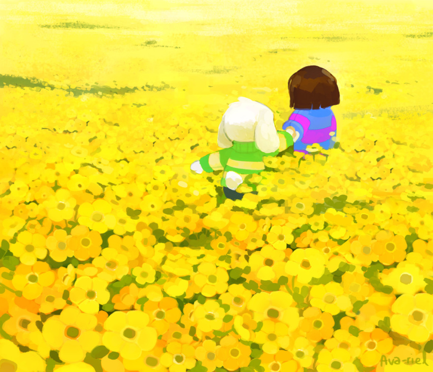 asriel_dreemurr ava-riel boss_monster caprine duo flower hand_holding human mammal plant protagonist_(undertale) undertale video_games